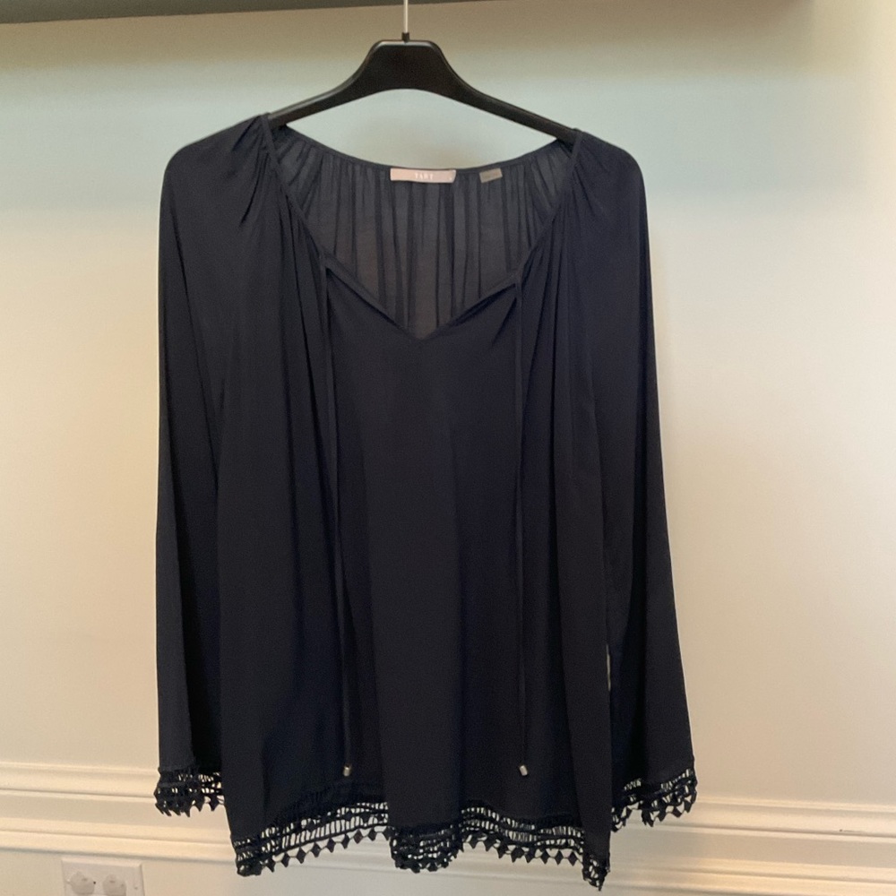 Tart Navy Blouse with Lace Trim and Tie Neck
